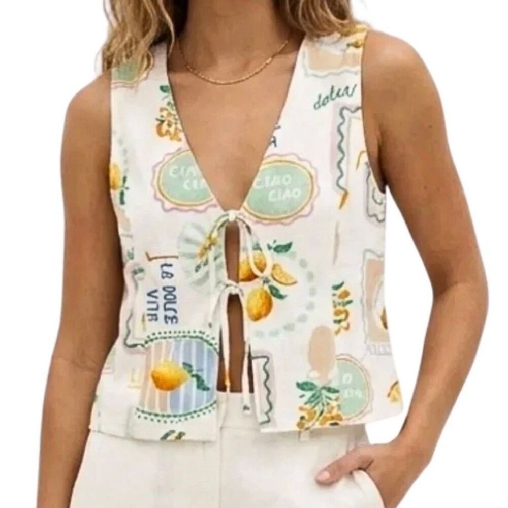 Paper Heart Ciao Bella Tie Front Linen Blend Vest Top Lemon Print Women’s XL